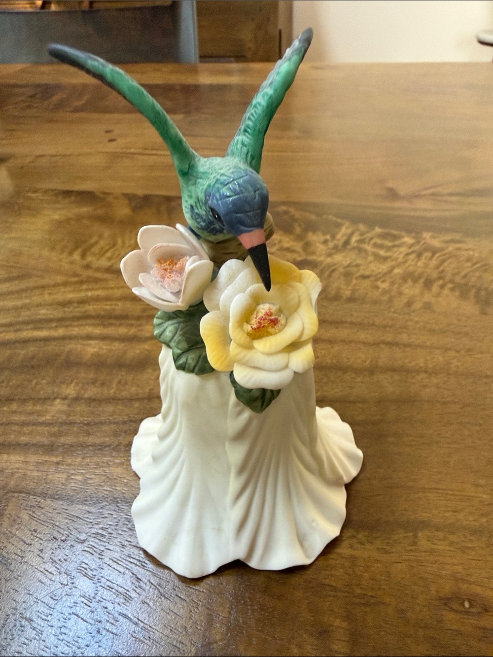 Porcelain Hummingbird Figurine with Yellow and Green Floral Accents with bell